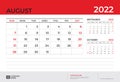 Desk Calendar 2022 design, August 2022 template, week start on sunday, Planner design, Wall calendar 2022 layout