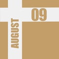 August 9. 9th day of month, calendar date.Beige background with white intersecting lines with inscriptions on them. Concept of day