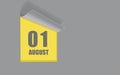 August 01. 01-th day of the month, calendar date. Gray numbers in a yellow window, on a solid isolated background.