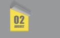 August 02. 02-th day of the month, calendar date. Gray numbers in a yellow window, on a solid isolated background.