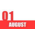 August. 01th day of month, calendar date. Red numbers and stripe with white text on isolated background.