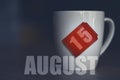 august 15th. Day 15 of month,Tea Cup with date on label from tea bag. summer month, day of the year concept