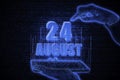 August 24th. A hand holding a phone with a calendar date on a futuristic neon blue background. Day 24 of month.