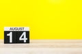 August 14th. Image of august 14, calendar on yellow background with empty space for text. Summer time Royalty Free Stock Photo