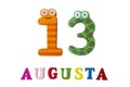August 13th. Image of August 13, closeup of numbers and letters on white background.