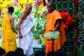 August 15th, 2020, ISKON temple, Krishnanagar, Nadia West Bengal. Monks collect offerings from devotees in a basket
