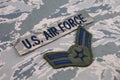 August 31, 2020. US AIR FORCE branch tape and Airman First Class rank patch on digital tiger-stripe pattern Airman Battle Uniform