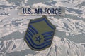 August 31, 2020. US AIR FORCE branch tape and Master Sergeant rank patch on digital tiger-stripe pattern Airman Battle Uniform