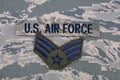 August 31, 2020. US AIR FORCE branch tape and Senior Airman rank patch on digital tiger-stripe pattern uniform