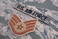 August 31, 2020. US AIR FORCE branch tape and Staff Sergeant rank patch on digital tiger-stripe pattern Airman Battle Uniform