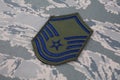 August 31, 2020. US AIR FORCE Master Sergeant rank patch on digital tiger-stripe pattern Airman Battle Uniform ABU background
