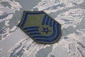 August 31, 2020. US AIR FORCE Master Sergeant rank patch on digital tiger stripe pattern Airman Battle Uniform