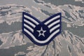 August 31, 2020. US AIR FORCE Staff Sergeant rank patch on digital tiger-stripe pattern Airman Battle Uniform