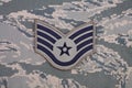 August 31, 2020. US AIR FORCE Staff Sergeant rank patch on digital tiger-stripe pattern Airman Battle Uniform