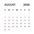 August 2026 vector calendar grid Royalty Free Stock Photo