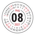 August 2021. Vector English ÃÂalendar. Round calender. Week starts on Sunday. Design template. Circle. Eighth month Royalty Free Stock Photo