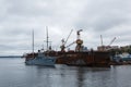 The memorial ship-monument `Red Pennant` departs from the dock after overhaul Royalty Free Stock Photo