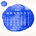 August year 2019 blue watercolor paint monthly calendar