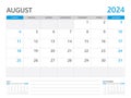 August 2024 year, Calendar planner 2024 and Set of 12 Months, week start on Sunday. Desk calendar 2024 design, simple and clean