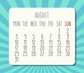 August year 2020 monthly bright rays of light calendar