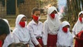 9 August 2020, Yogyakarta, Indonesia: Children from Indonesia wear primary school clothes and wear masks