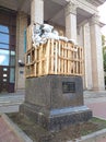 August 3, 2022, Zaporozhye, Ukraine. Protection of the monument from Russian missiles - the monument is lined with bags.