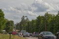 Backed up traffic jam on a two lane road