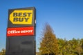 Black and Yellow Best Buy sign and Office Depot left