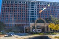 Front of Marriott Hotel building downtown with a lens flare