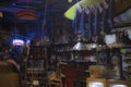 Interior of a spirits liquor store at night bright neon