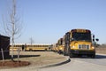 Row of parked New and old yellow school buses parked in a row around a corner Royalty Free Stock Photo