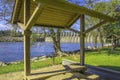 View of a dam from a picnic area on a sunny beautiful day