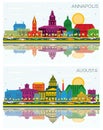 Augusta Maine and Annapolis Maryland City Skyline set with Color Buildings, Blue Sky and Reflections. Cityscape with Landmarks Royalty Free Stock Photo