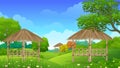 Bamboo Gazebo on the hill with Beautiful yard, grass and trees cartoon illustration