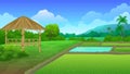 Beautiful rice field view with bamboo gazebo, mountains and lush trees