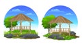 Bamboo Gazebo with Beautiful yard, grass, stone and trees cartoon illustration