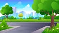 Street crossroad in the City park with green yard, trees, grass and City skyline, cartoon public garden landscape