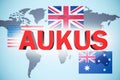 AUKUS word with American, Australian and Britain flag on world map background