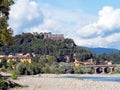 Aulla - view of town from river, with Brunella fortress in bacground. Lunigiana, Italy.