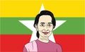 Aung San Suu Kyi, President of Myanmar with Flag Background.