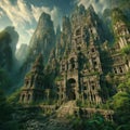 Ancient temple cut into rock face, covered in overgrown vegetation