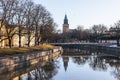 Aurajoki river and the Cathedral of Turku, Finland in spring Royalty Free Stock Photo