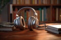 Aural exploration of literature, Books and headphones on wooden table Royalty Free Stock Photo