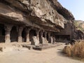 Verandah & restored pillars, Aurangabad Cave 1, a 7th century monastery from the late Mahayana Buddhist period, India Royalty Free Stock Photo