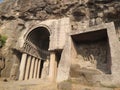 Exterior of Aurangabad Cave 4 which features a square chaitya or prayer hall and stupa, Maharashtra, India