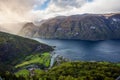 Aurland and Aurlandsfjord in the mist, Sogn og Fjordane, Norway Royalty Free Stock Photo