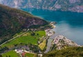 Aurland Village and Aurlandsfjord seen from Stegastein Overlook, The West Norwegian Fjords, Norway Royalty Free Stock Photo