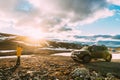 Aurlandsfjellet, Norway. Young Woman Tourist Traveler Photographer Taking Pictures Photos Of Aurlandsfjellet Scenic