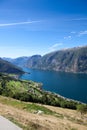 Aurlandsfjord fjord in the Sogn og Fjordane county with mountain village Aurlandsvangen. Norway. Seen from route E16