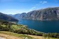 Aurlandsfjord fjord in Sogn og Fjordane county with mountain village Aurlandsvangen. Norway. Seen from route E16 and Stegastein